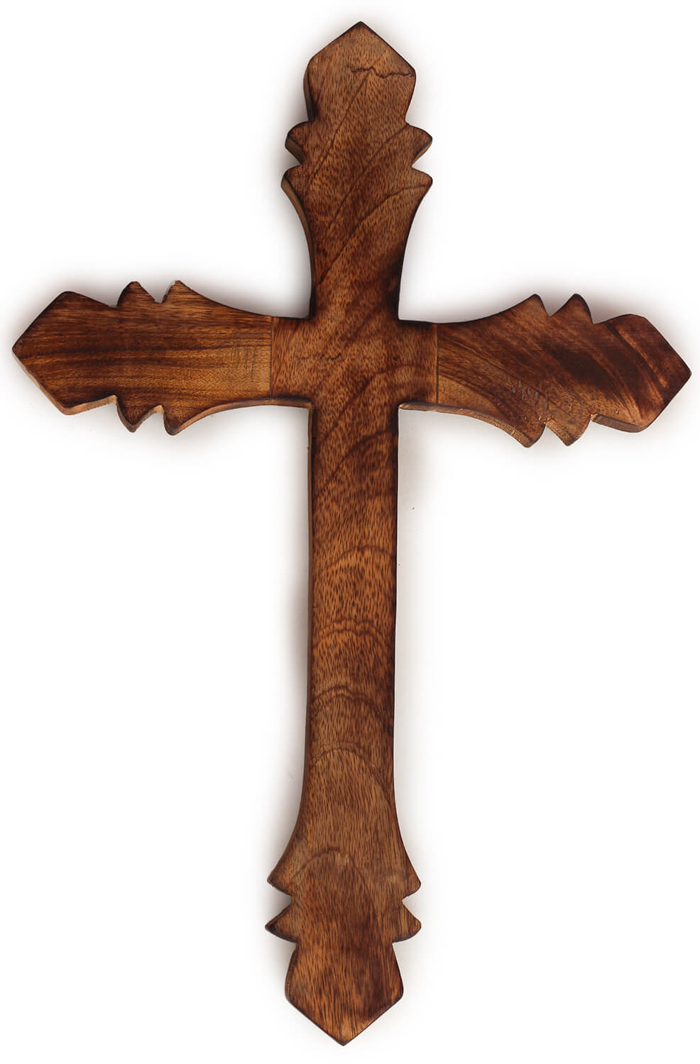 Bulk Wholesale Hand-Carved Wood Wall Hanging Cross in Burned Finish – Artistic Wall Décor with Leafy Pattern